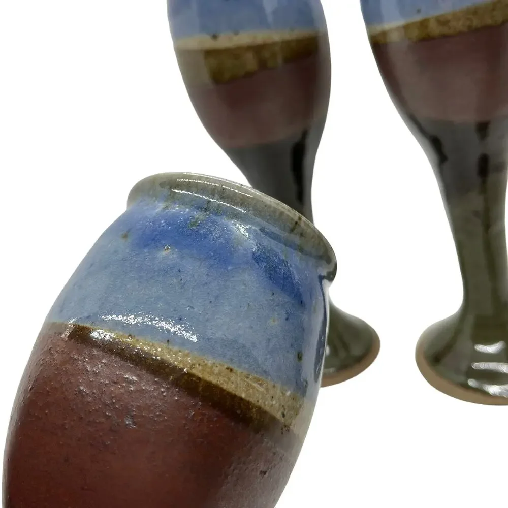 Wine Goblets Flutes Set of Four Ceramic Handmade 1984 Vintage Blue Brown Retro
